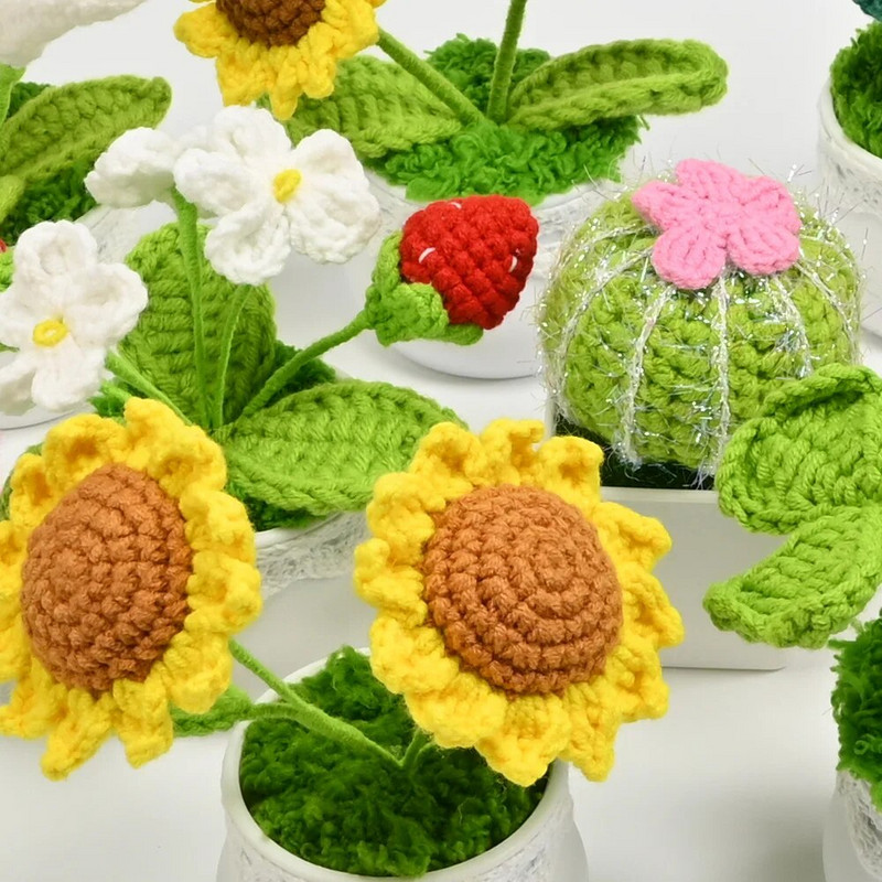 Tamborēts saulespuķu augs podos, viltus ziedu pundurkociņš, roze, kaktuss, antūrijs, kalla, āboliņš, tulpe, margrietiņa, austa dāvana mājas galda dekorēšanai