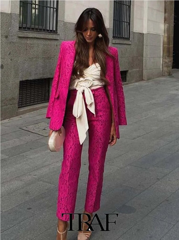 TRAF 2023 Γυναικείο σακάκι παντελόνι OL Slim Fit Blazer In Lace+Lace Fabric Παντελόνι με ίσιο πόδι Basic Causal outfits