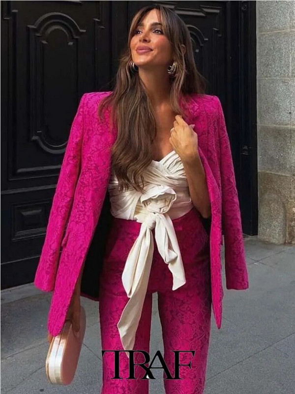 TRAF 2023 Ženski sako s hlačama OL Slim Fit sako od čipke + čipkaste tkanine Hlače s ravnim nogavicama Basic Causal Outfits