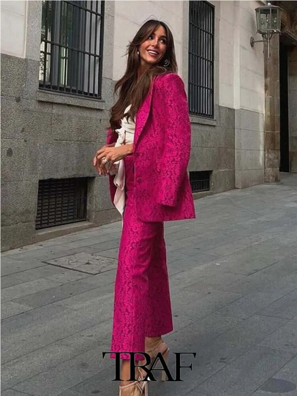 TRAF 2023 Ženski sako s hlačama OL Slim Fit sako od čipke + čipkaste tkanine Hlače s ravnim nogavicama Basic Causal Outfits