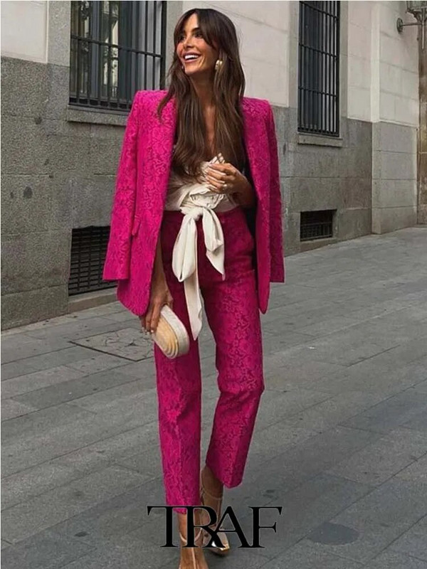 TRAF 2023 Ženski sako s hlačama OL Slim Fit sako od čipke + čipkaste tkanine Hlače s ravnim nogavicama Basic Causal Outfits