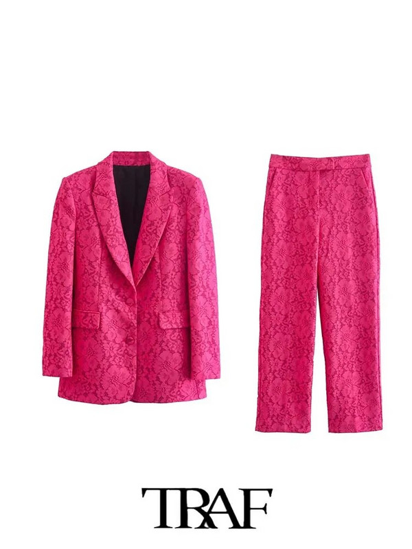 TRAF 2023 Ženski sako s hlačama OL Slim Fit sako od čipke + čipkaste tkanine Hlače s ravnim nogavicama Basic Causal Outfits