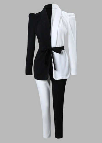 Γυναικεία σετ δύο τεμαχίων στολή Colorblock γιακά σάλι με γραβάτα μπροστά μπλέιζερ και παντελόνι Σετ 2023 Φθινόπωρο Χειμώνας Άνοιξη Νέα μόδα Casual