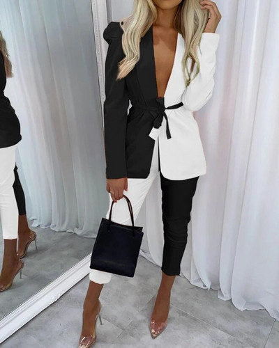 Naiste kaheosalised komplektid, värviblokk, salli krae lips eesmine bleiser ja püksid 2023 sügis-talv kevad uus mood vabaaja