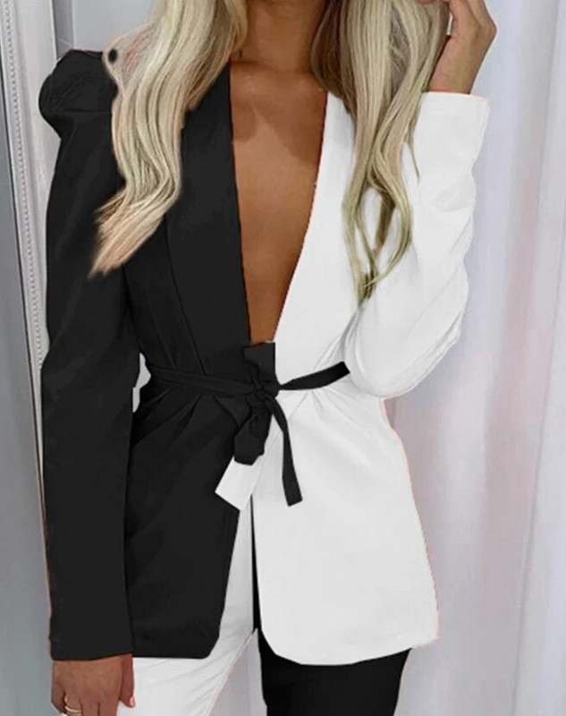 Naiste kaheosalised komplektid, värviblokk, salli krae lips eesmine bleiser ja püksid 2023 sügis-talv kevad uus mood vabaaja