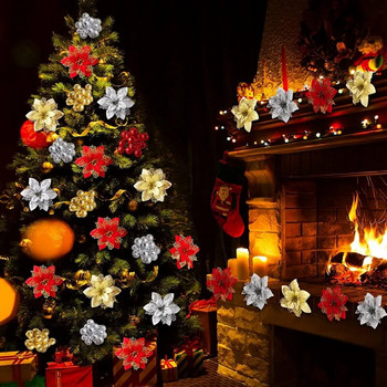 10/5 БР. Коледен декор Изкуствени цветя Златни червени Орнаменти за коледно дърво Големи цветни глави за дома Нова година Navidad Party Decor