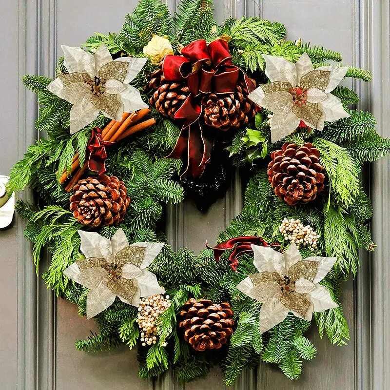 10/5 vnt Kalėdų dekoro dirbtinė gėlė Auksinė raudona Kalėdų eglutės papuošalai Didelės gėlių galvutės namams Naujųjų Metų Navidad vakarėlio dekoras