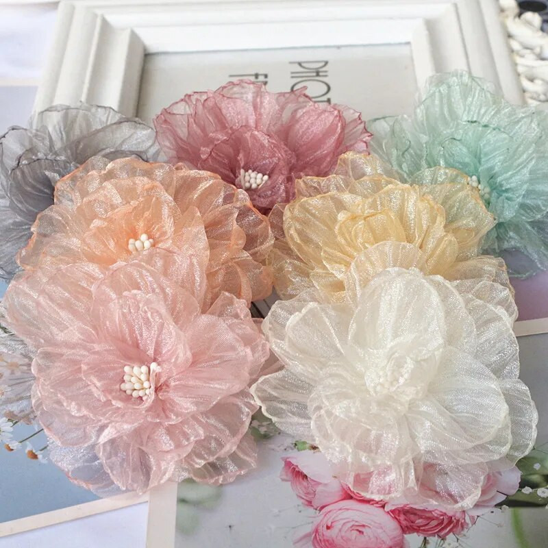 10 vnt / partija 9 cm rankų darbo šifono audinio dirbtinė gėlė vestuvinių suknelių kepurėms dekoruoti