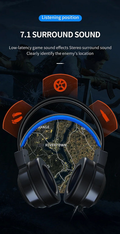 Spēļu vadu austiņas ar galvu, 7.1. telpiskās skaņas kanāls, dators, piezīmjdators, cālis ēd spēļu austiņas