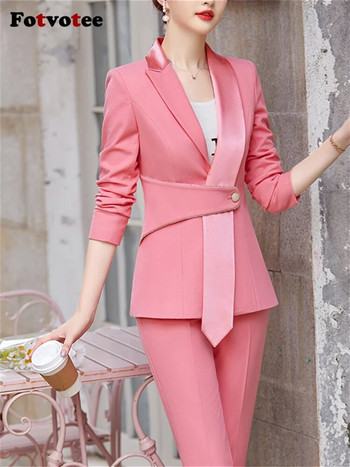 Cotvotee Κομψά μονόχρωμα παντελόνια Γυναικεία κοστούμια 2023 Νέα Κορεάτικη μόδα Γραφείο Γυναικείο κομψό σακάκι σακάκι Casual κοστούμια Παντελόνι 2 τεμαχίων