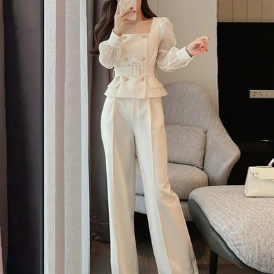 Proljeće jesen Uredska dama Elegantni modni blejzer s dvostrukim kopčanjem Komplet hlača širokih nogavica Ženska odjeća Žensko bijelo odijelo