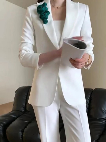 Circyy Κοστούμι για Γυναικεία Ρούχα γραφείου 2023 Κορεατικής μόδας Νέα μακρυμάνικα με μονό κουμπί απλικέ Μπλέιζερ + Ψηλόμεση παντελόνι
