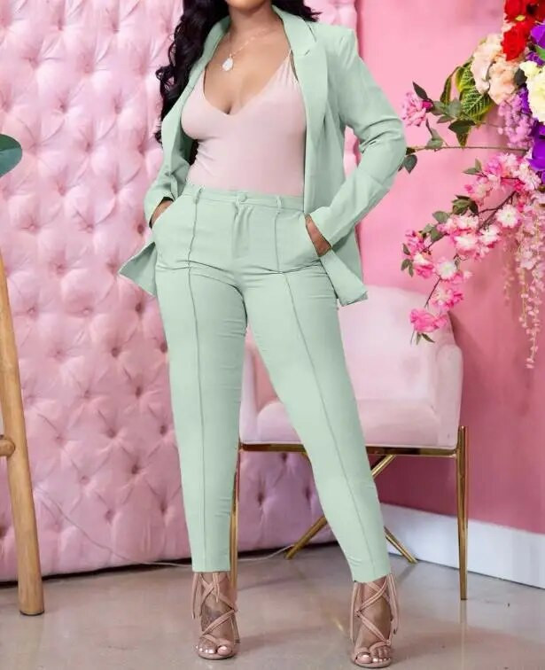 Naiste riietus 2023, ühevärvilised bleiserid, ülikond, kaelarihm, suur rev, venitatud naiste büroo kõrge vöökohaga pliiatsipüksid, kaheosalised komplektid