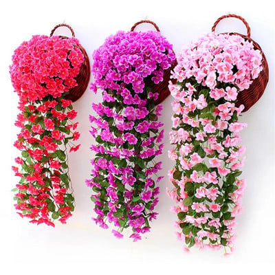 Τεχνητά λουλούδια βιολετί τοίχου Κρεμαστά ψεύτικο λουλούδι Αξεσουάρ σπιτιού κήπου Εξωτερικής διακόσμησης Ορχιδέα Φυτά διακόσμησης γάμου