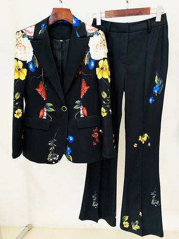 Fashion Printed One Button Παντελόνι Blazer Set Two Piece Set Office Business Wear Μονά κουμπιά Παντελόνι με φουσκωτό μπλέιζερ + Παντελόνι στολή