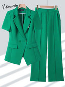 Yitimuceng Ženska odijela Uredski kompleti 2023. Novi modni sako kratkih rukava s otvorenim ovratnikom Ženski šik jednobojni kompleti hlača od 2 komada
