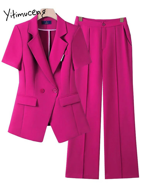Yitimuceng Ženska odijela Uredski kompleti 2023. Novi modni sako kratkih rukava s otvorenim ovratnikom Ženski šik jednobojni kompleti hlača od 2 komada