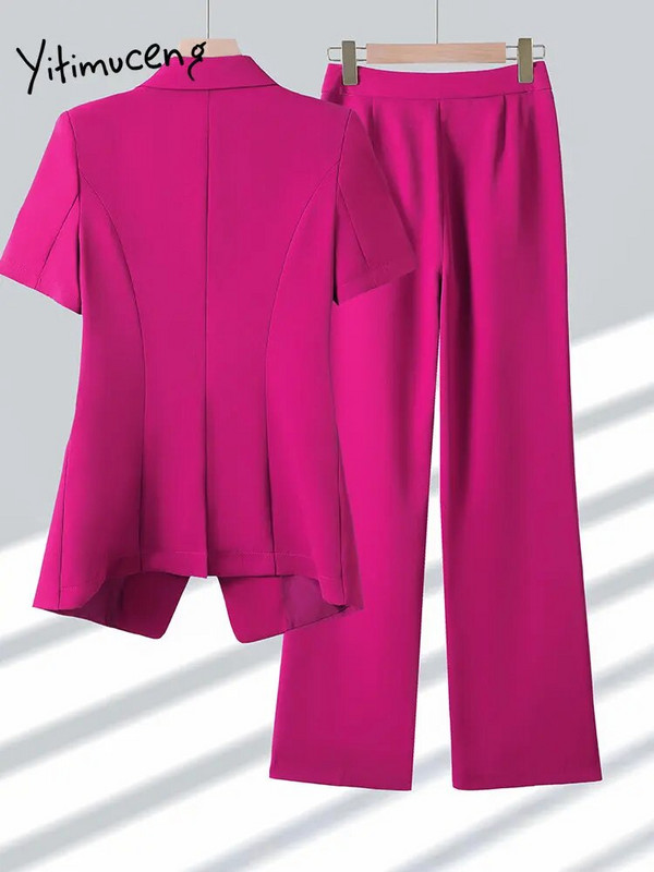 Yitimuceng Ženska odijela Uredski kompleti 2023. Novi modni sako kratkih rukava s otvorenim ovratnikom Ženski šik jednobojni kompleti hlača od 2 komada