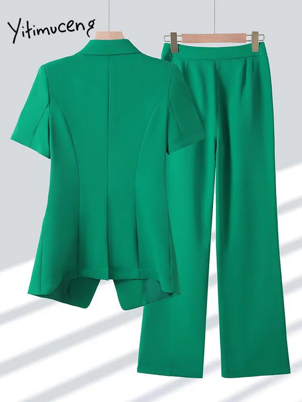 Yitimuceng Ženska odijela Uredski kompleti 2023. Novi modni sako kratkih rukava s otvorenim ovratnikom Ženski šik jednobojni kompleti hlača od 2 komada