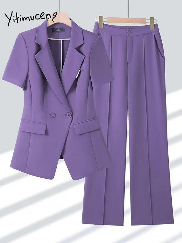 Yitimuceng Ženska odijela Uredski kompleti 2023. Novi modni sako kratkih rukava s otvorenim ovratnikom Ženski šik jednobojni kompleti hlača od 2 komada