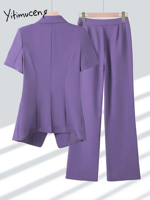 Yitimuceng Ženska odijela Uredski kompleti 2023. Novi modni sako kratkih rukava s otvorenim ovratnikom Ženski šik jednobojni kompleti hlača od 2 komada
