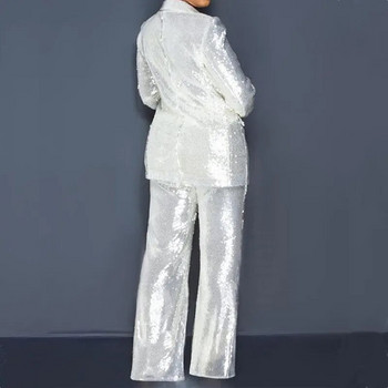 Sequins Γυναικεία Παντελόνια Σετ 2 τεμαχίων 2023 Νέο κομψό μπλέιζερ και παντελόνι με φαρδύ πόδι κοστούμια γυναικεία ρούχα Σετ ασορτί με μπουφάν