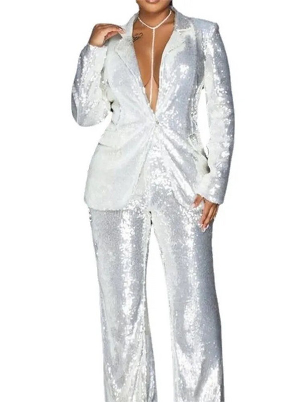 Ženski kompleti hlača sa šljokicama Komplet od 2 komada Novi elegantni sako 2023. i odijela sa širokim nogavicama u struku Ženska odjeća Kompleti odgovarajućih sakoa