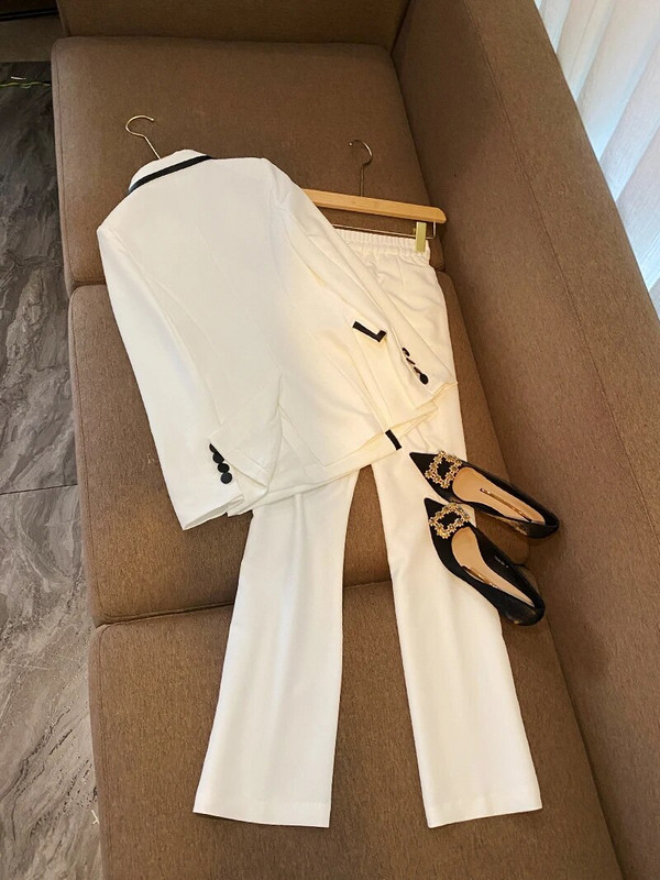 Vintage crno-bijeli kaput blok blokova jesen-zima Uredski modni sako s dvorednim kopčanjem Žensko odijelo s hlačama na elastičnom struku