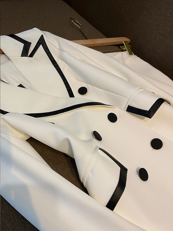 Vintage crno-bijeli kaput blok blokova jesen-zima Uredski modni sako s dvorednim kopčanjem Žensko odijelo s hlačama na elastičnom struku