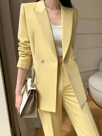 Circyy Γυναικεία Κοστούμια Σετ γραφείου 2023 Φθινοπωρινό μακρυμάνικο μονόχρωμο παλτό διπλό στήθος + ψηλόμεσο φαρδύ παντελόνι
