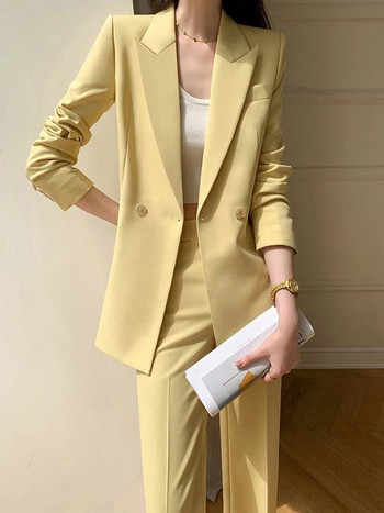Circyy Γυναικεία Κοστούμια Σετ γραφείου 2023 Φθινοπωρινό μακρυμάνικο μονόχρωμο παλτό διπλό στήθος + ψηλόμεσο φαρδύ παντελόνι
