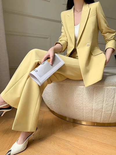 Circyy Ženska odijela Uredski kompleti Jesen 2023. Jednobojni jakni kaput s dvostrukim kopčanjem + odjevne kombinacije širokih nogavica visokog struka