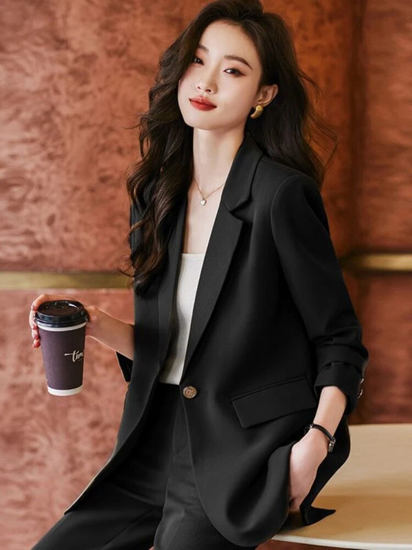 Odijela za žene Kaput s jednim gumbom Jednobojne hlače s ravnim nogavicama Kompleti sakoa Ženska elegantna odijela Uredski setovi Uredska odjeća za žene