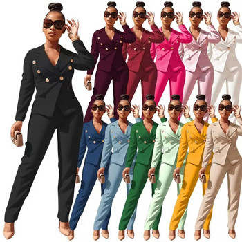 Blue Luxury Designer 2 Piece Set Outfits Μαύρο κοστούμι γραφείου για γυναίκες 2023 με κουμπιά επάνω Μακρύ παντελόνι Blazer Κοστούμι Top Blazer Γυναικείο σετ