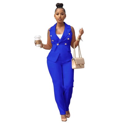 Mėlynas prabangus dizainerio 2 dalių komplektas, juodas biuro kostiumas moterims, 2023 m., su užsegimu, ilgų kelnių kostiumas, viršutinis švarko komplektas moterims