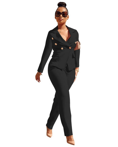 Mėlynas prabangus dizainerio 2 dalių komplektas, juodas biuro kostiumas moterims, 2023 m., su užsegimu, ilgų kelnių kostiumas, viršutinis švarko komplektas moterims