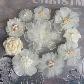 10PCS/Lot Бежова серия Микс стилове Комплект цветя от шифонен плат за сватбена покана Изкуствени цветя за рокля Декорация на шапка
