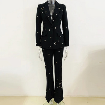 Star Fashion Γυναικεία Κοστούμια 2 τμχ Νέα βαριά βιομηχανία μεταλλική τρύπα με ένα κουμπί σακάκι σακάκι + παντελόνι φαρδύ γυναικείο παντελόνι