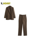 TELLHONEY Ženski modni komplet sakoa s jednim gumbom i džepovima, ženski vintage hlače s prednjim patentnim zatvaračem, široko poslovno dvodijelno odijelo