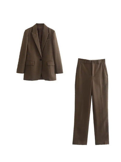 TELLHONEY Ženski modni komplet sakoa s jednim gumbom i džepovima, ženski vintage hlače s prednjim patentnim zatvaračem, široko poslovno dvodijelno odijelo