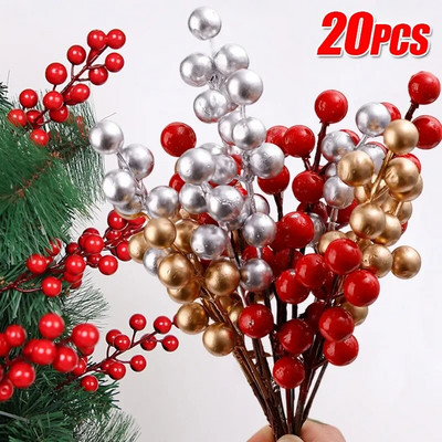 Коледен изкуствен клон на Холи Бери 7 глави Фалшиви стъбла от червени плодове Орнамент за венец Направи си сам Сватбено парти Коледно дърво Декорация