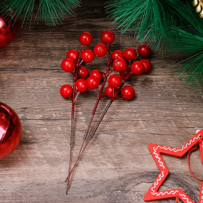 Božićna umjetna grana božikovine, 7 glava, lažni ukras od stabljika crvenih bobica, vijenac, DIY ukras za božićno drvce za vjenčanje
