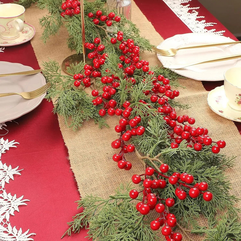 Božićna umjetna grana božikovine, 7 glava, lažni ukras od stabljika crvenih bobica, vijenac, DIY ukras za božićno drvce za vjenčanje