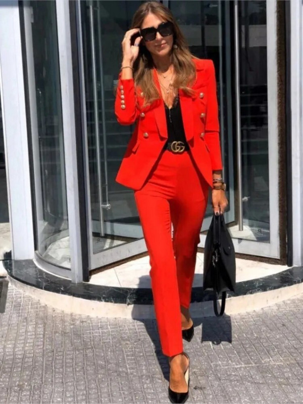 Set de costum blazer pentru femei, culoare uni, buzunare false cu clapetă, nasturi cu rever, jachetă, pantaloni creion Костюм Mujer Za Traf 2022 Nou