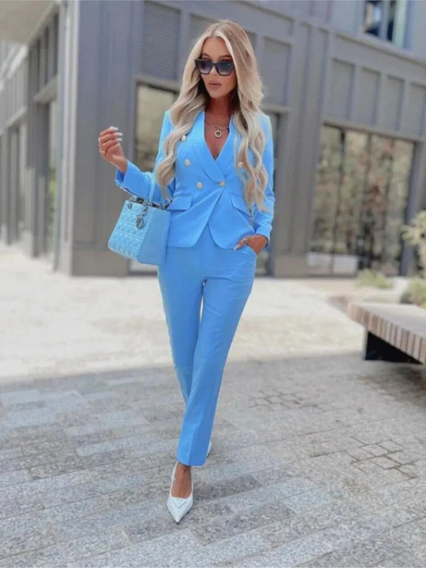 Set de costum blazer pentru femei, culoare uni, buzunare false cu clapetă, nasturi cu rever, jachetă, pantaloni creion Костюм Mujer Za Traf 2022 Nou