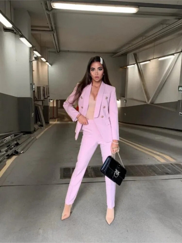 Set de costum blazer pentru femei, culoare uni, buzunare false cu clapetă, nasturi cu rever, jachetă, pantaloni creion Костюм Mujer Za Traf 2022 Nou