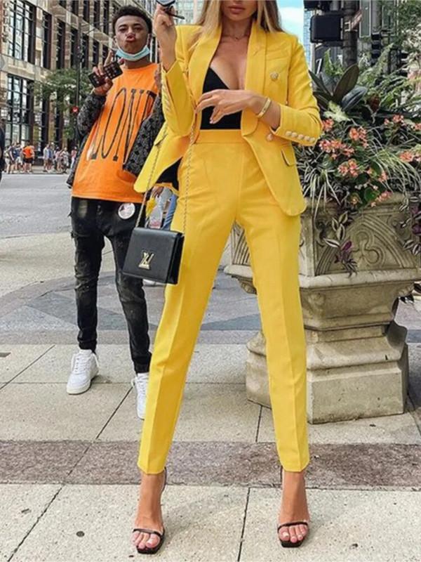 Set de costum blazer pentru femei, culoare uni, buzunare false cu clapetă, nasturi cu rever, jachetă, pantaloni creion Костюм Mujer Za Traf 2022 Nou