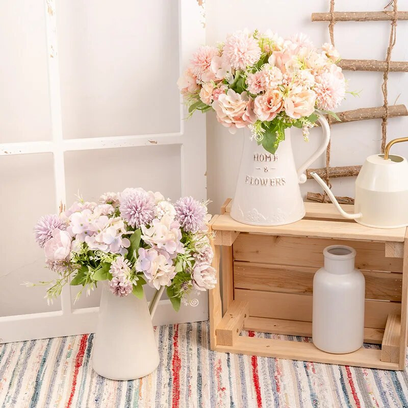 Hortenzija Umjetno cvijeće Buket božura Svilena kugla Rascvjetano lažno cvijeće Središnji dijelovi vjenčanja Pozornica Dekoracija kućnog stola Plava