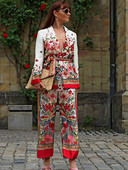 Ležerna odijela sa retro cvjetnim blejzerom Ženska jakna dugih rukava za proljeće 2023. sa širokim hlačama Ženska modna 2-dijelna odjeća