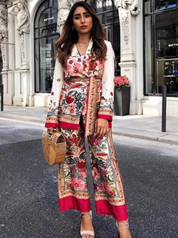Ležerna odijela sa retro cvjetnim blejzerom Ženska jakna dugih rukava za proljeće 2023. sa širokim hlačama Ženska modna 2-dijelna odjeća